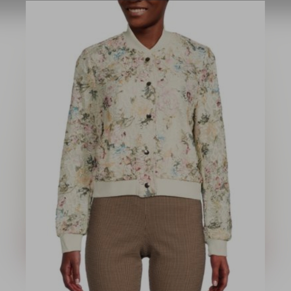 NWT Nanette Lepore Floral Lace Bomber Jacket | Size Medium | Ivory spring